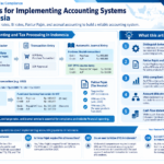 Infographic structuring accounting and tax processing in Indonesia, including tax rates, Faktur Pajak, and IFRS compliance