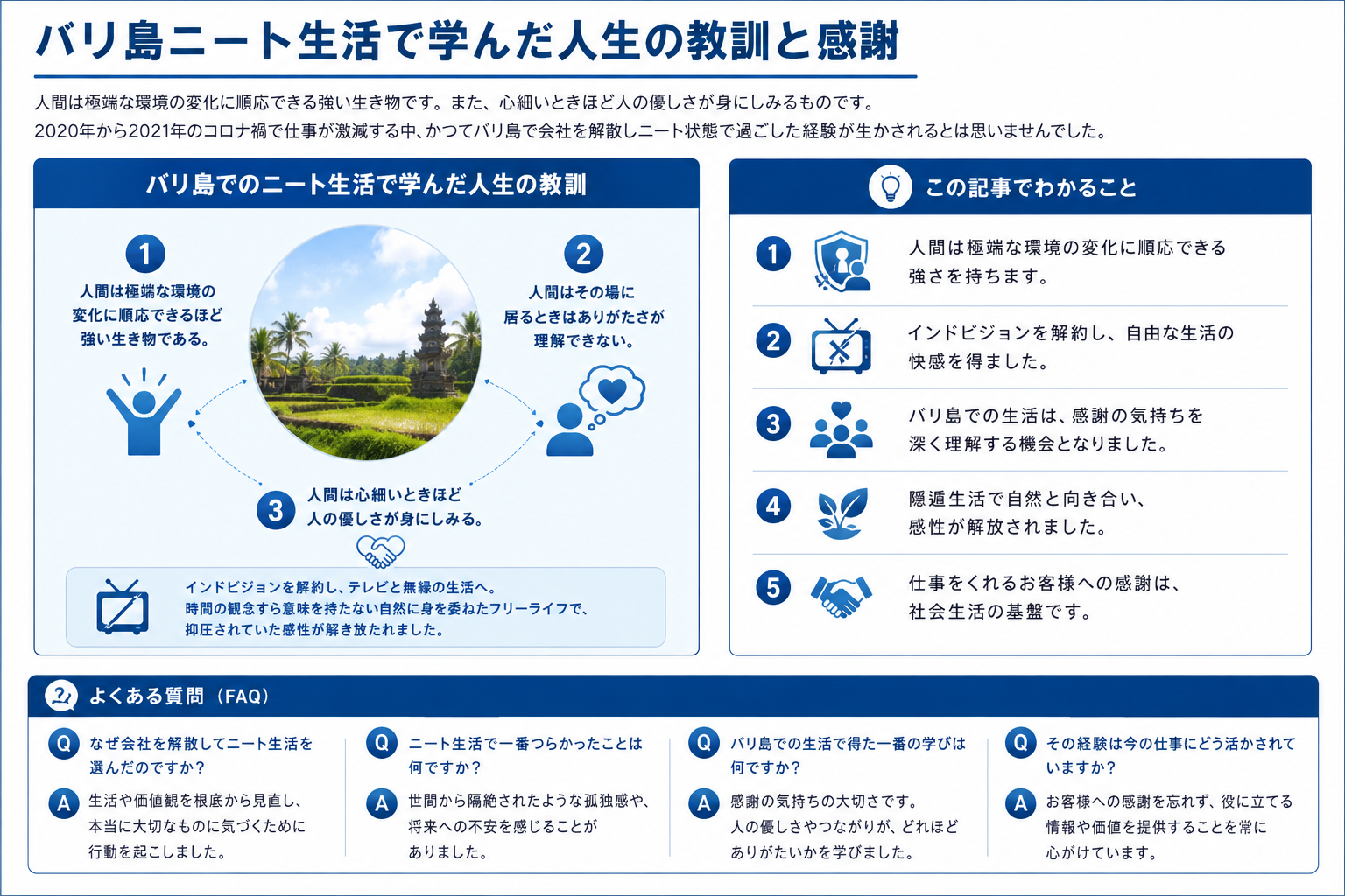 バリ島でのニート生活から得た人生の教訓と感謝を構造化した図解