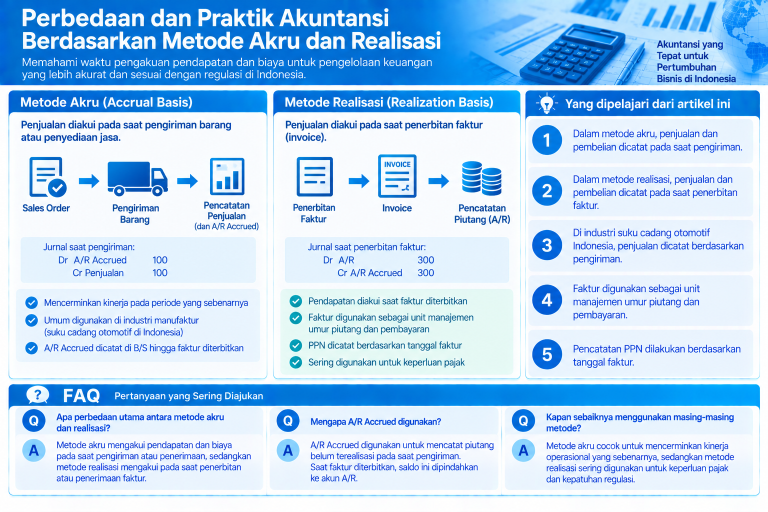 Infografis yang merangkum perbedaan metode akru dan realisasi dalam akuntansi