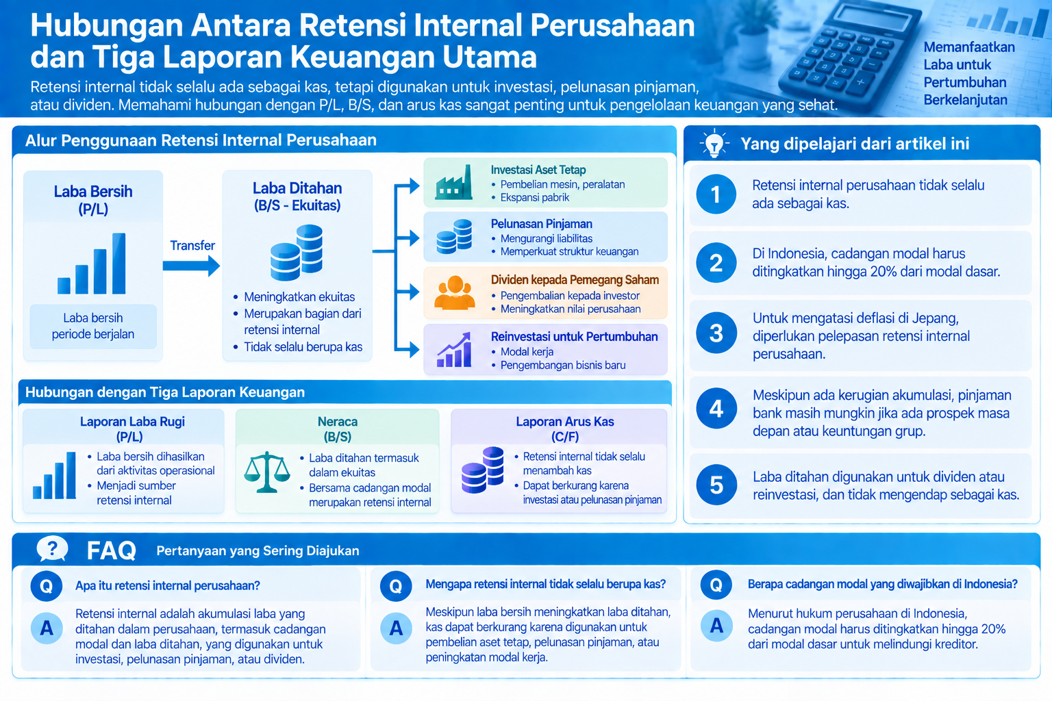 Diagram terstruktur tentang retensi internal dan tiga laporan keuangan utama