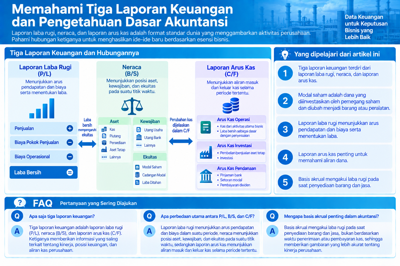 Diagram terstruktur tentang tiga laporan keuangan dan dasar akuntansi