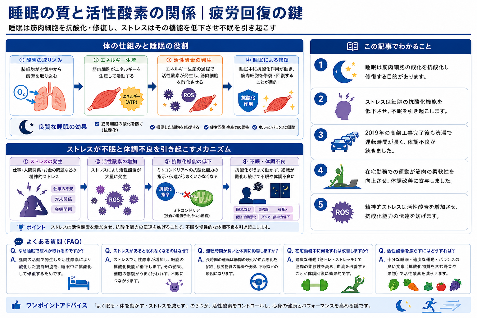 睡眠の質と活性酸素の関係を示す構造化した図解