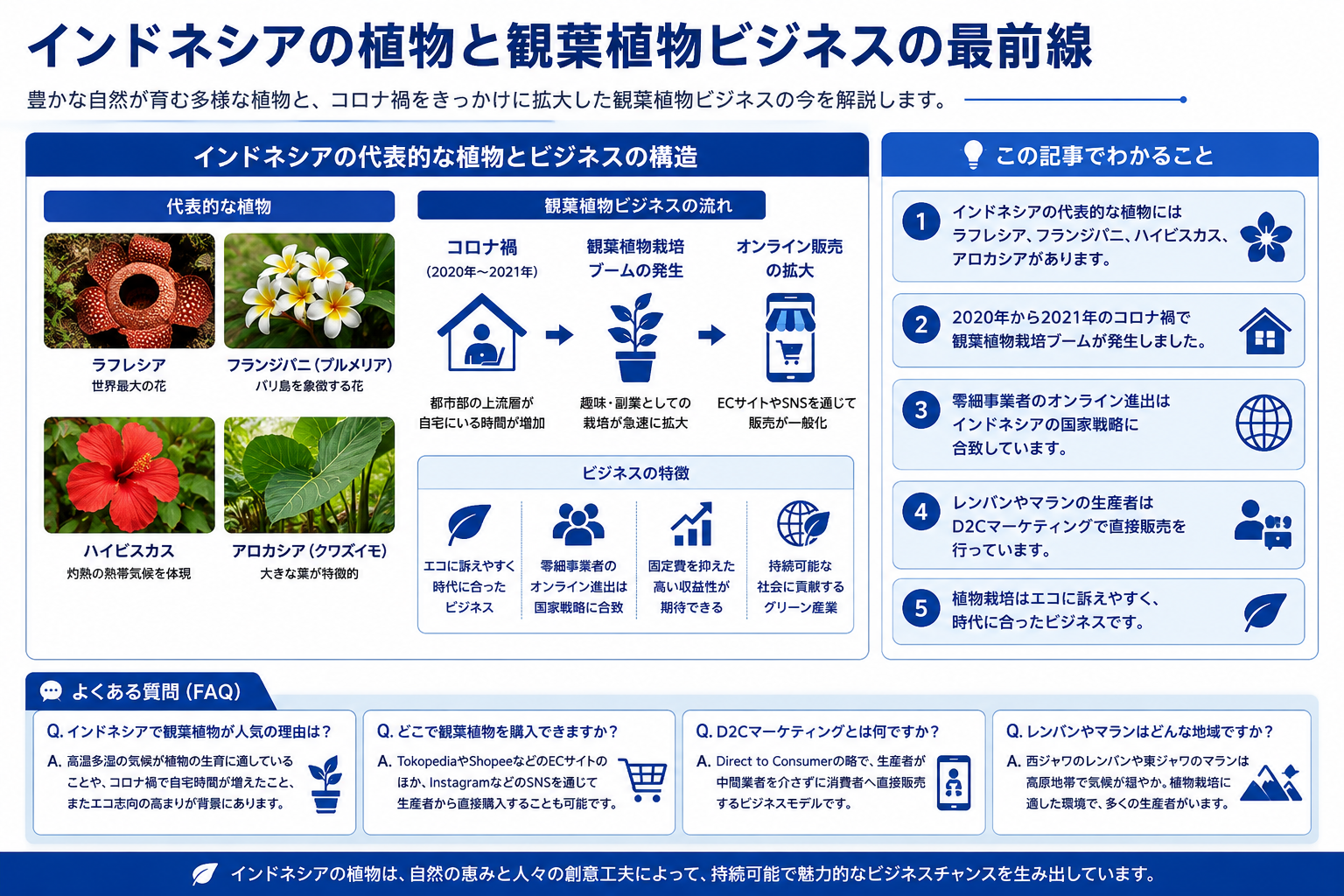 インドネシアの観葉植物の人気品種や育て方、ビジネス動向を示す構造化した図解