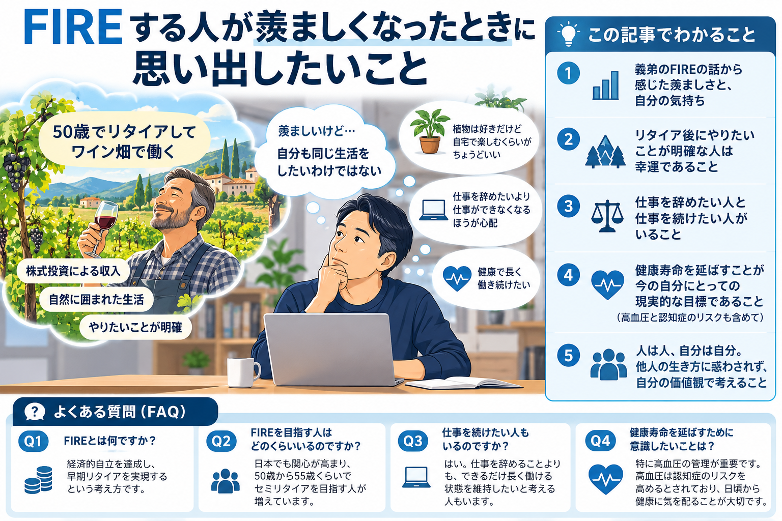 FIREを羨んだとき、自分は同じ生活を望んでいるかを確認する切り分けを構造化した図解