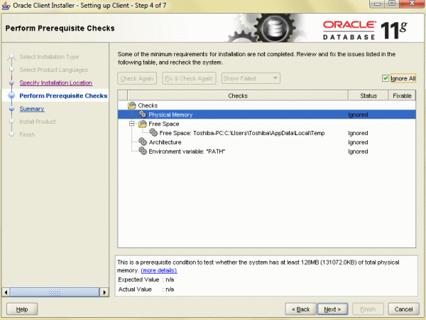 Oracle 11g Release2 32bit版のインストール手順4